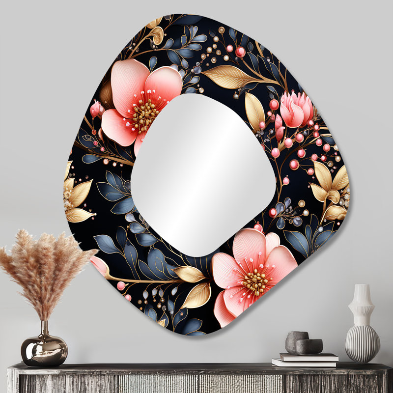 Lainey Crystal Bloom motif floral II - grand miroir mural de forme unique floral, miroir décoratif asymétrique rose, impression d'art en métal