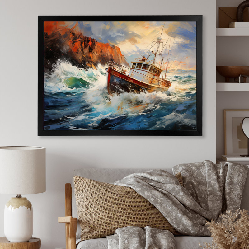 Tempête rêveuse de bateau de pêche - impression, Cadre simple noir, H 16 po x l 32 po x P 1 po