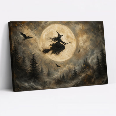 Sorcière volant sur un manche à balai au-dessus d'une forêt et d'un art d'Halloween complet