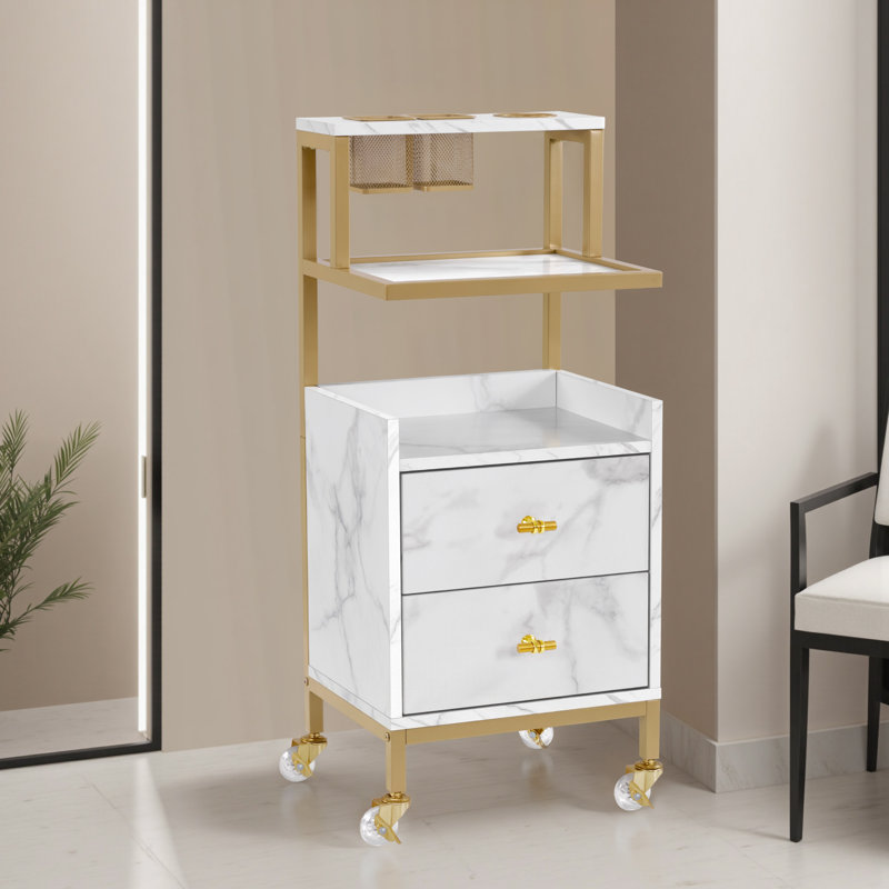 Utility Cart with Storage Drawers, Trolley with Metal Tool Holder and Basket, White, 34.3" H x 14.6" W x 5.7" D