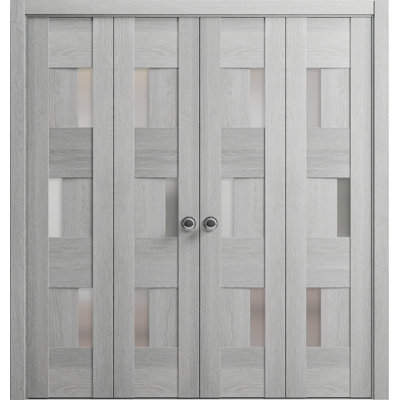 Sete Sliding Closet Double Bi-fold Doors Light Gray Oak with Frosted Glass Solid Wood Bedroom Wardrobe Doors -  VDomDoors, SETE6933DBF-OAK