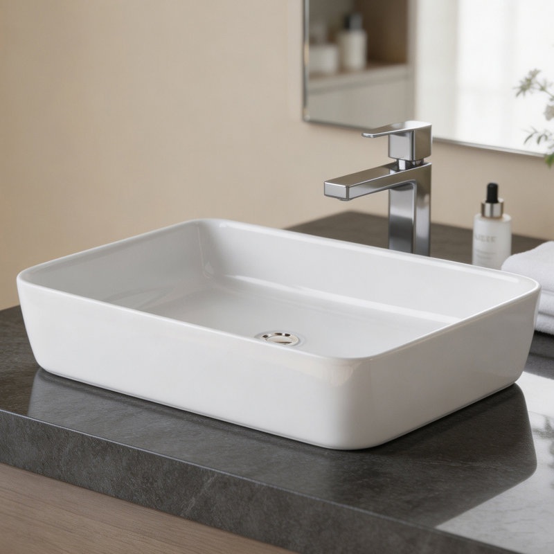 Vasque rectangulaire en céramique blanche, à poser.