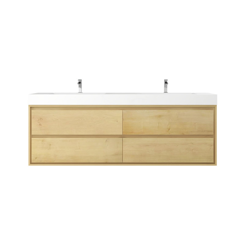72'' Double Bathroom Vanity with Acrylic Top, Light Oak