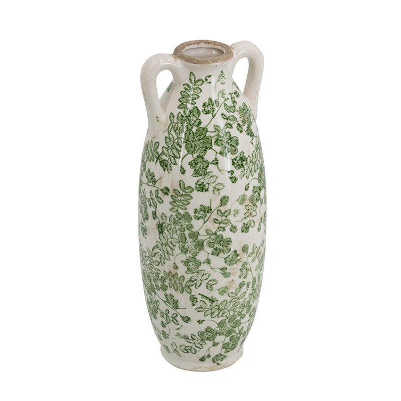 Vase en céramique blanc avec motif floral vert et petites poignées, H 15,6 po x l 5,9 po x P 5,9 po