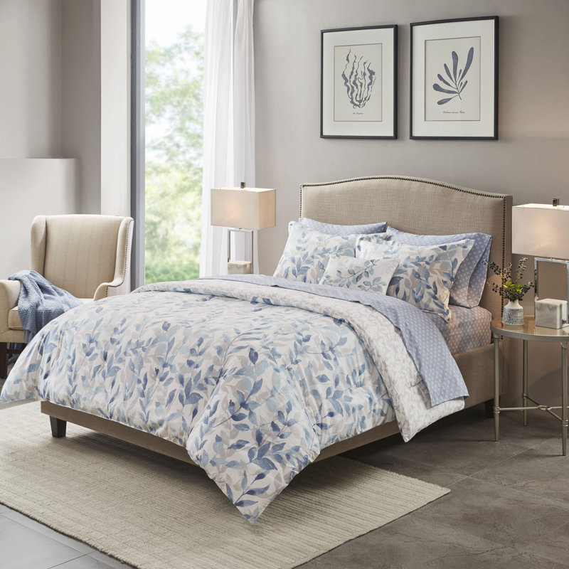 Sofia Microfiber Reversible Comforter Set with Bed Sheets, Blue, Queen Comforter + 7 Additional Pieces