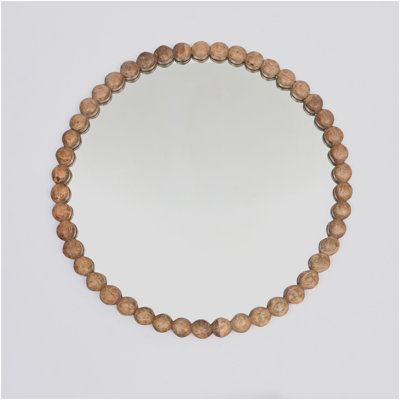 Decorative Round Hanging Wall Mirror With Natural Wooden Bead Design Frame, 32"