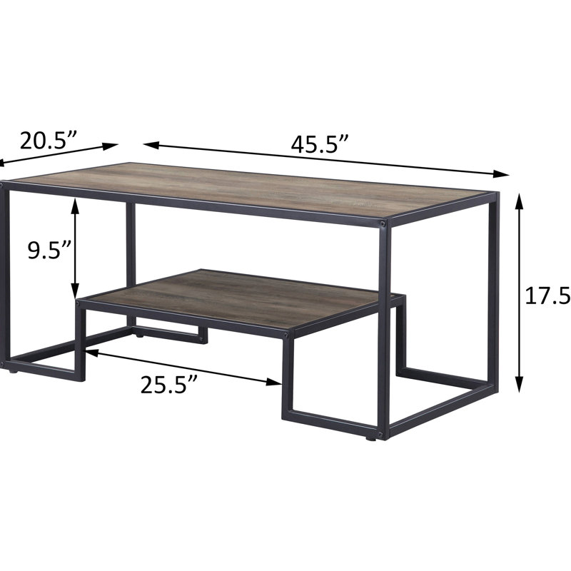 Table basse de style industriel avec tablette - Finition chêne rustique, spacieuse pour magazines et boissons, livres et objets rectangulaires, noire, résistante aux rayures