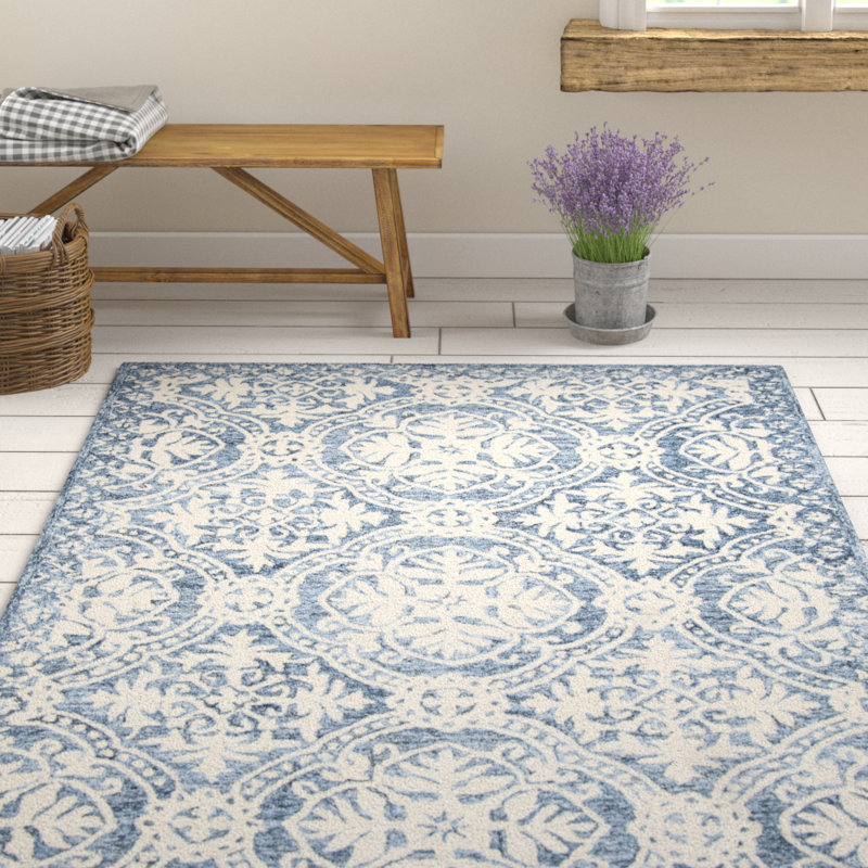 Tapis bleu / ivoire en laine et coton touffeté à la main Salerna, Tapis de couloir 2 pi 3 po x 7 pi