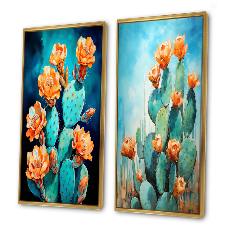 Cactus bleu et bronze brossé - ensemble de 2 décorations murales cactus, Cadre flottant doré, H 28 po x l 25 po