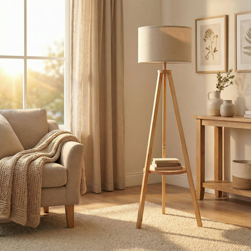 Tamma Tripod Floor Lamp With Shelf, Standing Light Reading Lamp With Large Lampshade, Foot Switch