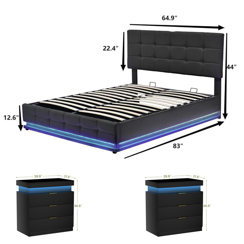 3-Pieces Bedroom Sets PU Storage Bed with LED Lights and USB charger,Nightstands Set of 2  with Charging Station and LED Lights