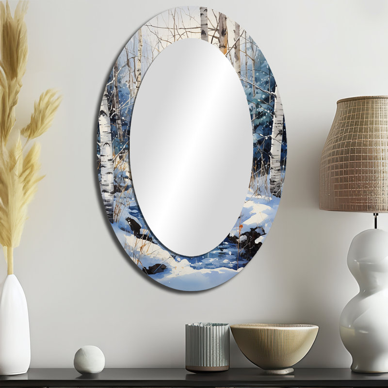 Miroir mural Birch Woods Winter Moonrise I - Bleu traditionnel, 36 po x 24 po
