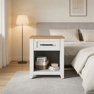 15.8"D x 17.7"W x 23.6"H Engineered Wood Nightstand with USB Type-C AC Charging Station, Drawer & Open Shelf, 110lbs Capacity for Bedroom Dorm Easy Assembly, White