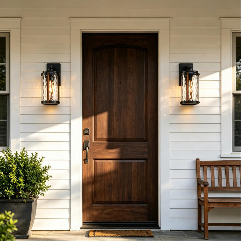 2 Pack 1-Light 13.9"H Matte Black And Barnwood Accents Outdoor Wall Lantern