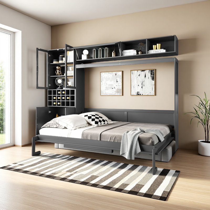Lit escamotable mural avec canapé, tablettes USB et lumière Murphy, Gris, Grand lit