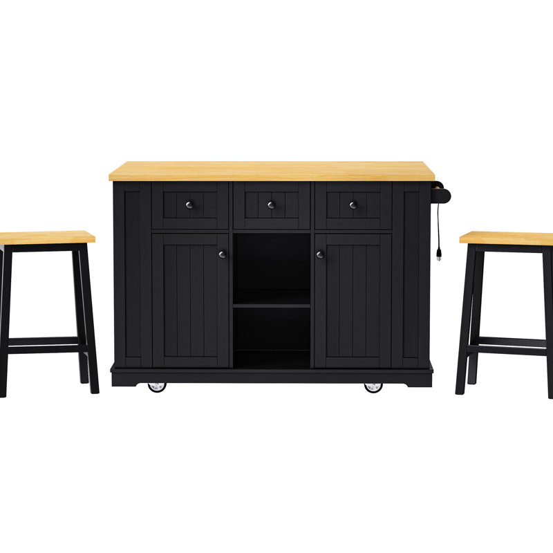 Îlot de cuisine avec comptoir de 50 po, support de rangement interne et bloc d'alimentation, 2 tabourets de bar dans la table, abattant, portes de grange, le long