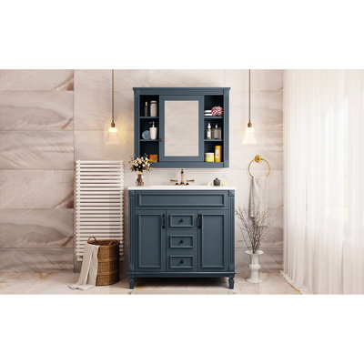 Armoire de salle de bain moderne avec lavabo, armoire à miroir bleue 36 po, meuble-lavabo à 2 portes et tiroirs