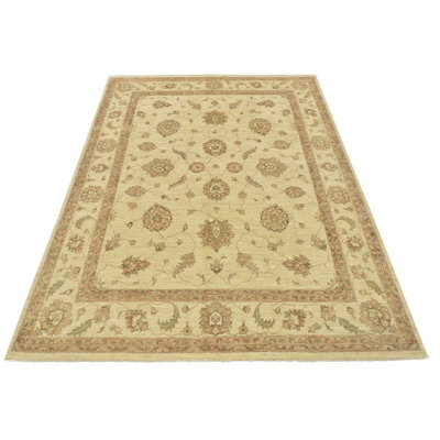 Tapis beige en laine noué à la main de conception unique 8 pi 1 po x 10 pi 1 po
