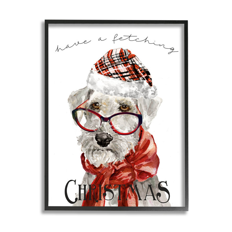 «Have a Fetching Christmas Dog» par Livi Finn - peinture sur bois, H 30 po x l 24 po x P 1,5 po, Giclée encadrée noir minuit