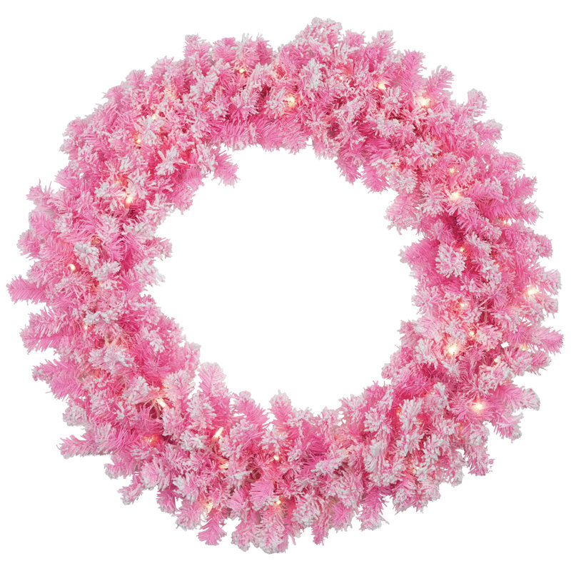 Pre-Lit Flocked Pine Artificial Christmas Wreath - Clear Lights, 36" H x 36" W x 6" D, Pink