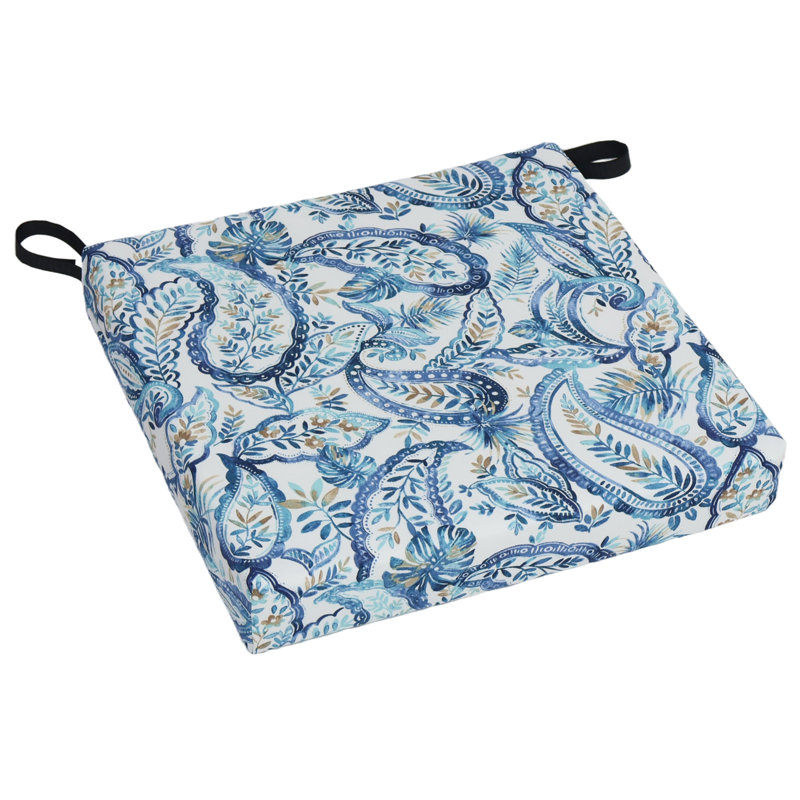 Outdoor 3'' Dining Chair Seat Cushion, White/Blue Paisley