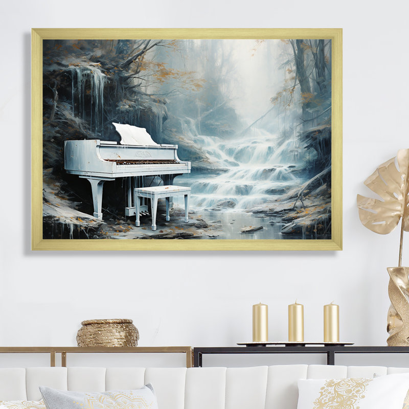 Piano Piano Cascade I sur toile, Cadre doré simple, H 24 po x l 32 po x P 1 po
