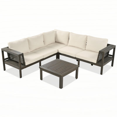 4 Pieces Outdoor Acacia Wood Sofa Set, Woven Mesh Armrests, L-Shaped Patio Furniture Sofa Set with Coffee Table, Outdoor Conversation Set with Cushion by Latitude Run
