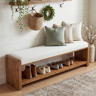 63" Solid Wood Bench with Cushion, Upholstered Entryway Bench Soft Padded Bench with Storage for Living Room, Bedroom