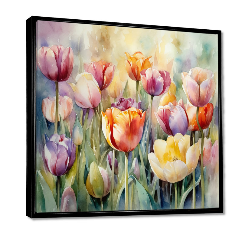 Jardin des tulipes - art mural sur toile tulipe, 44" H x 44" W, Cadre flottant noir