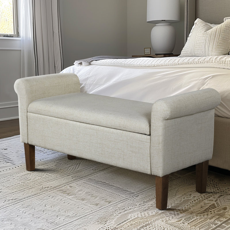 Natural Upholstered Storage Bench with Rolled Armrests