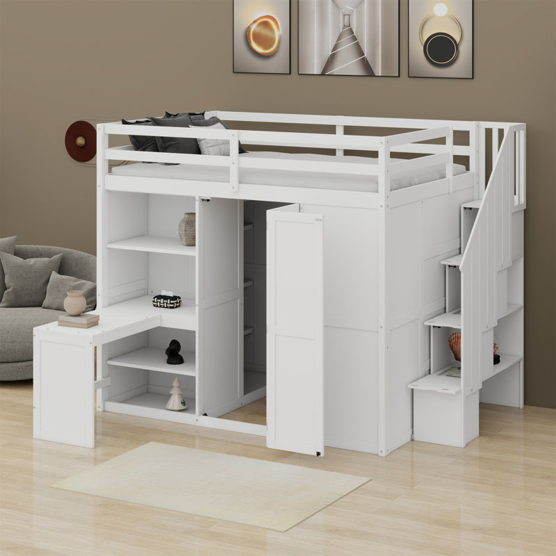 Lit mezzanine avec garde-robe, bureau et tablettes, Blanc