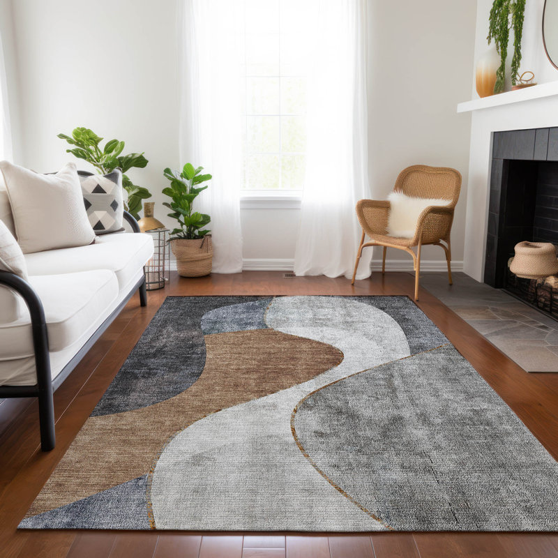 Tapis rectangulaire en polyester tissé à la machine à motif abstrait Altair, Rectangle 5 pi x 7 pi 6 po