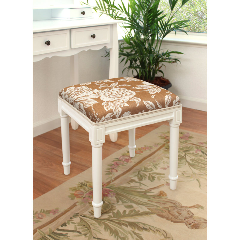 Tabouret de coiffeuse en lin gris avec pivoine grise, Blanc, Caramel