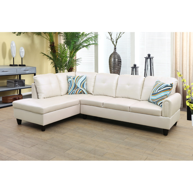 Renford Upholstered L-Shaped Sectional, Left Hand Facing, Beige Faux Leather