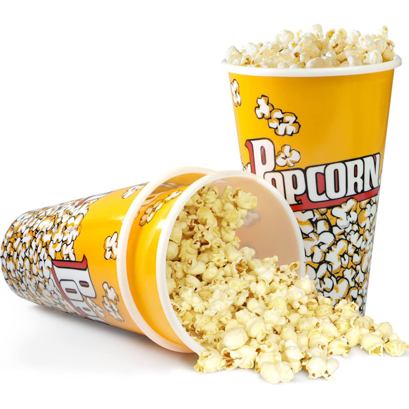 Contenants à maïs soufflé en plastique de style rétro pour soirée cinéma - 7 po de haut x 4,5 po de diamètre