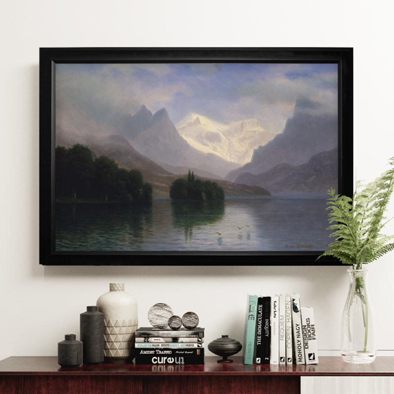 « mountain scene », reproduction de peinture à l’huile, H 27 po x l 39 po x P 2 po, Cadre noir, Pas de tapis