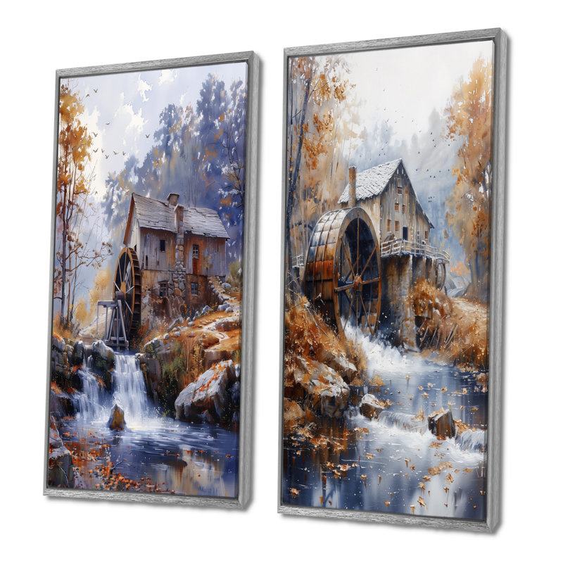 Ensemble de 2 pièces d'art mural gris et orange avec moulin à eau Wonder Mill I, H 32 po x l 32 po, Impression encadrée