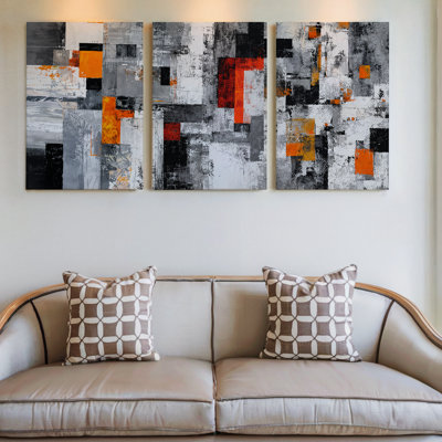 3 pièces abstraites gris noir et orange géométriques abstraites, art moderne sur toile pour le salon, la chambre à coucher, le bureau et la maison