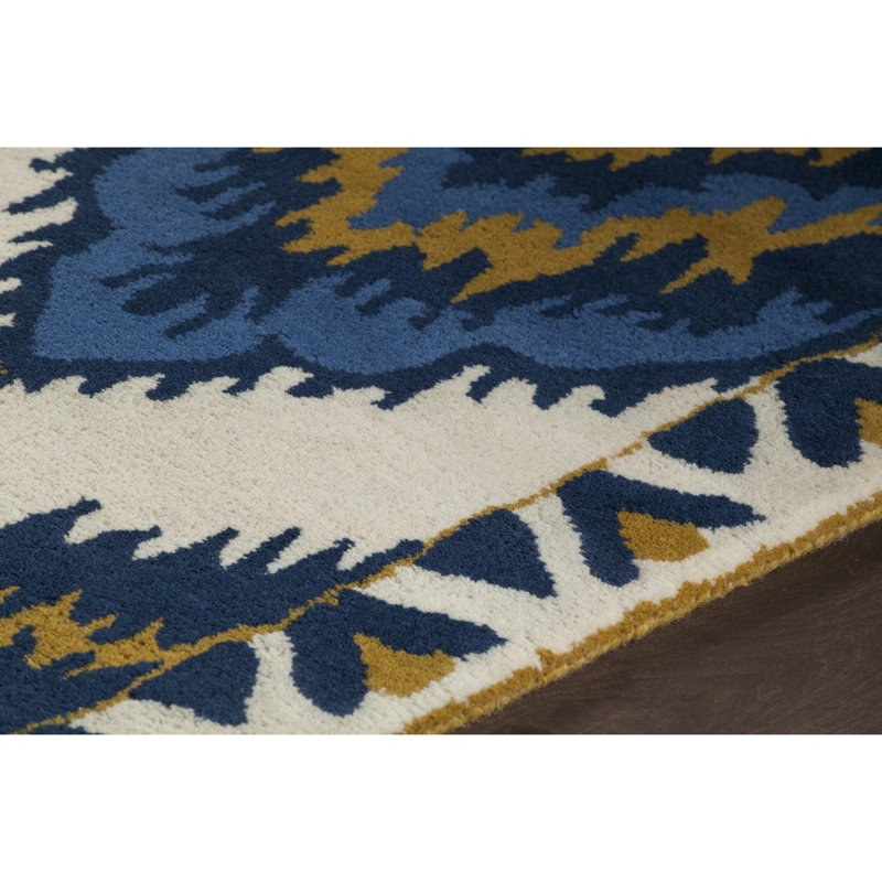 Acworth Authentic Hand-Tufted Handmade Blue, Gold & Ivory Ikat-Like Design Global Wool Area Rug, 5' x 7'