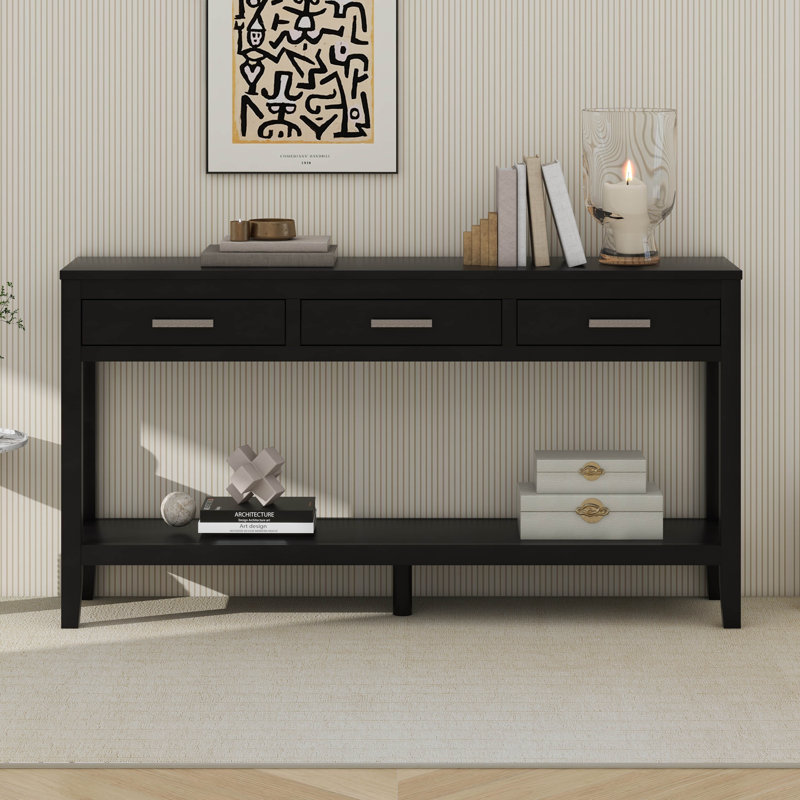 Table de ferme avec 3 tiroirs, console peinte avec tablette inférieure et poignées en fer, Noir