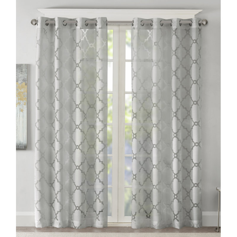 Gray Sheer Grommet Top Fretwork Curtain Panel