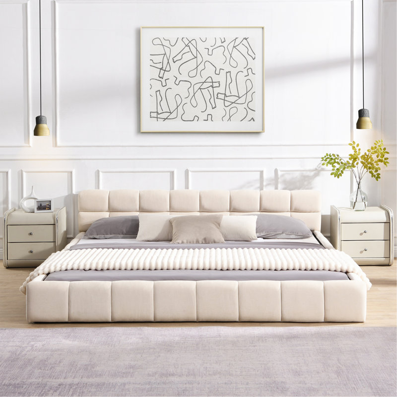 Lit tapissier élégant en chenille beige avec motif à damier, très grand, gris, Très grand, gris