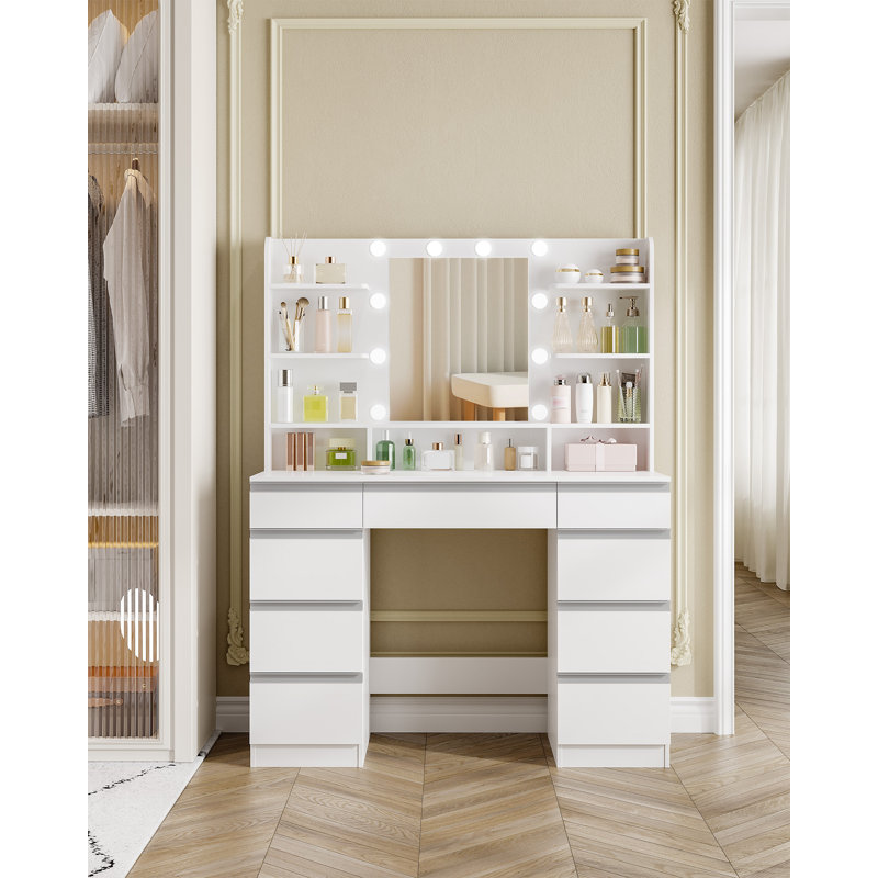 Dressing Table with Bulb/LED Light, Vanity Desk with 1 Large Drawer and 8 Small Drawer Cabinets, Adjustable Brightness, Large HD Mirror, 9 Open Storage Areas