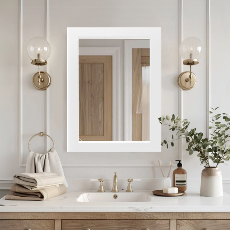Miroir de salle de bain mural en bois avec verre trempé HD, 40 po x 30 po, Blanc