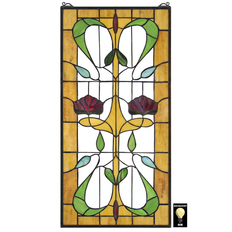 Ruskin Rose Amber and Ruby Stained Glass Window Panel