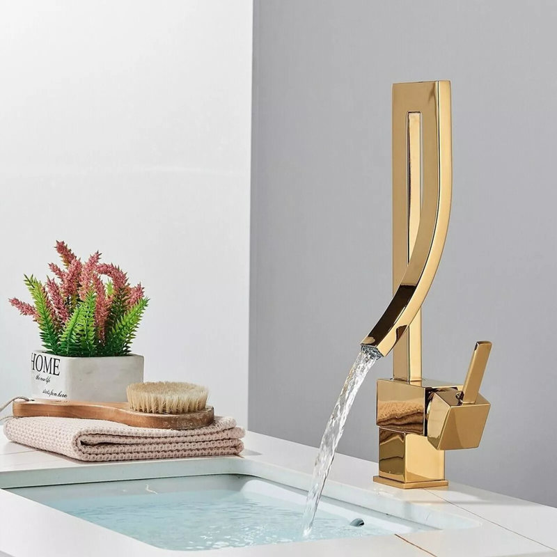 Robinet de lavabo pour salle de bain à poignée simple à un trou, Or