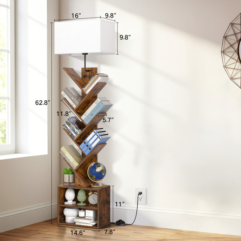 Bookcases With Led Light And Remote Control, 7-tier 2 Drawer Column Floor Lamp, Brown Wood