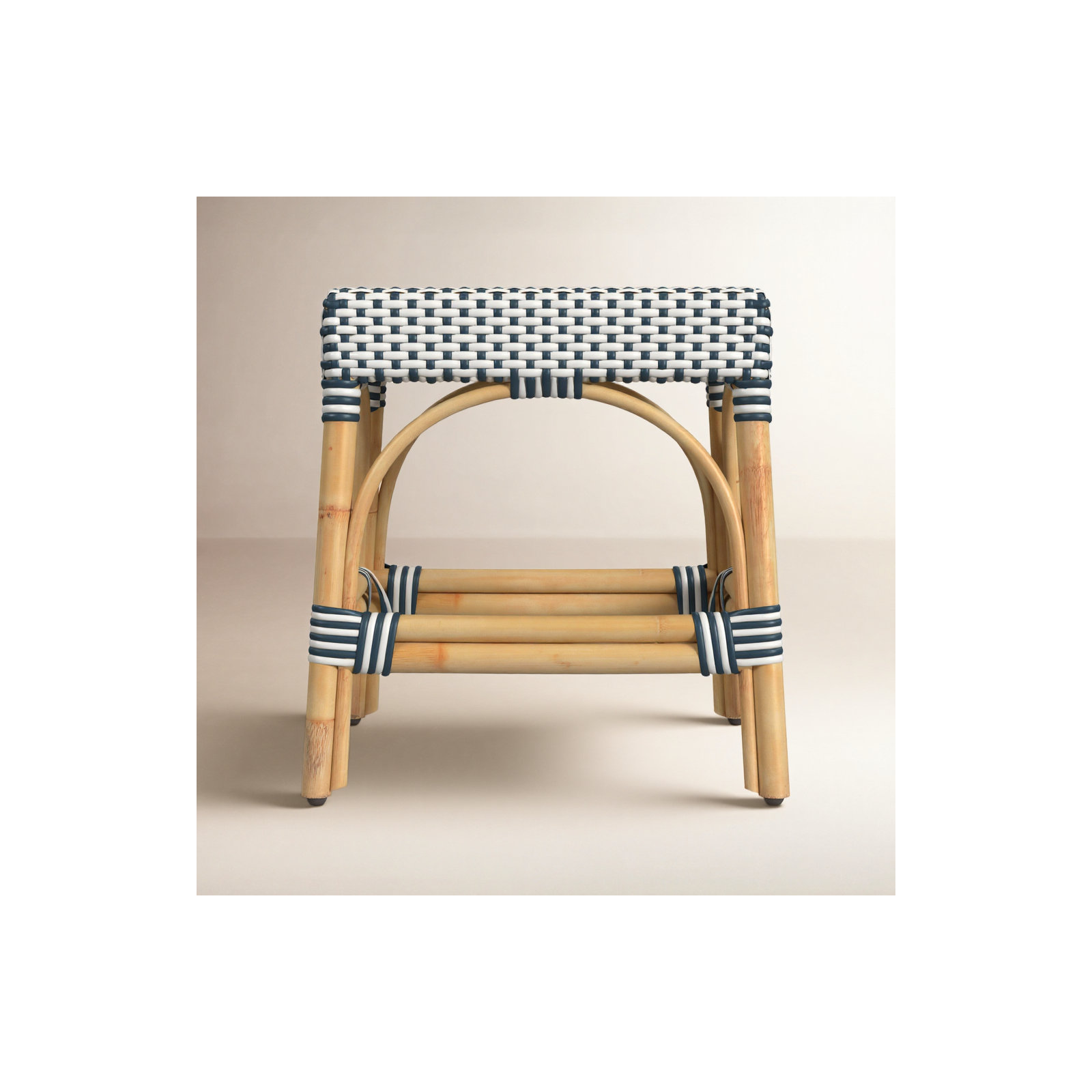 Lennart 18" Rectangular Rattan Dining Stool, White/Navy Dot/ Natural Rattan Frame