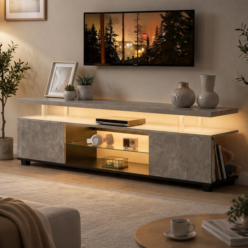 Meuble télé pour meuble télé 55 pouces à DEL avec console de rangement multimédia et grande armoire latérale pour le salon (gris et noir)