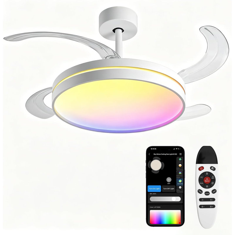Ventilateur de plafond rétractable de 42 po avec lumière et télécommande / commande APP, plusieurs modes dynamiques de lumière à DEL RVB, ventilateurs de plafond encastrés invisibles modernes réversibles à 6 vitesses avec lumières pour la chambre à coucher - blanc